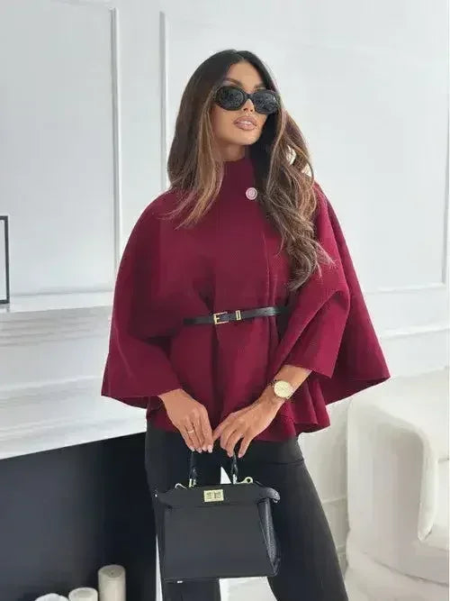 Winter Fashion Solid Color Waist Tie Woolen Cape Coat Women's Clothing - Femstylo
