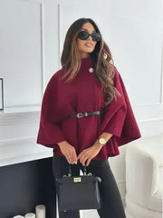 Winter Fashion Solid Color Waist Tie Woolen Cape Coat Women's Clothing - Femstylo