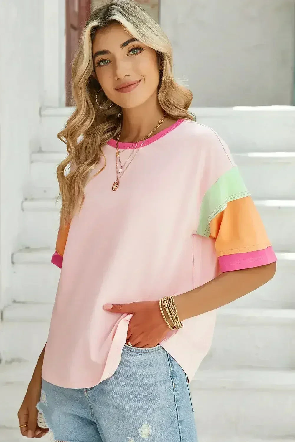 Light Blue Color Block Sleeve Round Neck Oversize Top - Femstylo