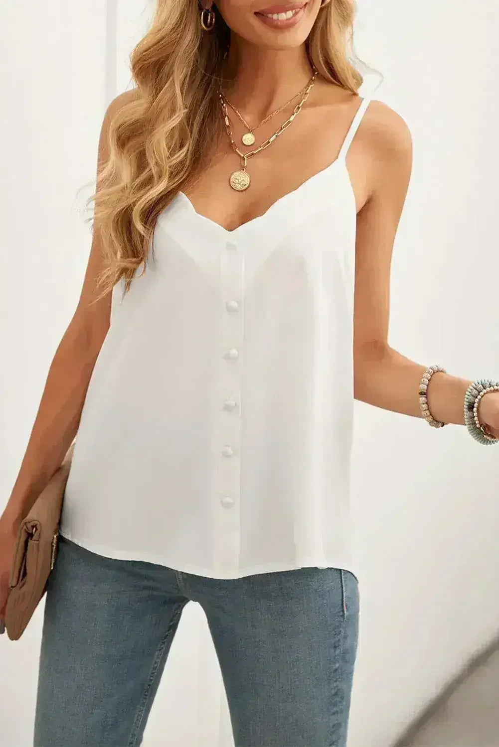 White Spaghetti Straps Buttoned V Neck Vest - Femstylo