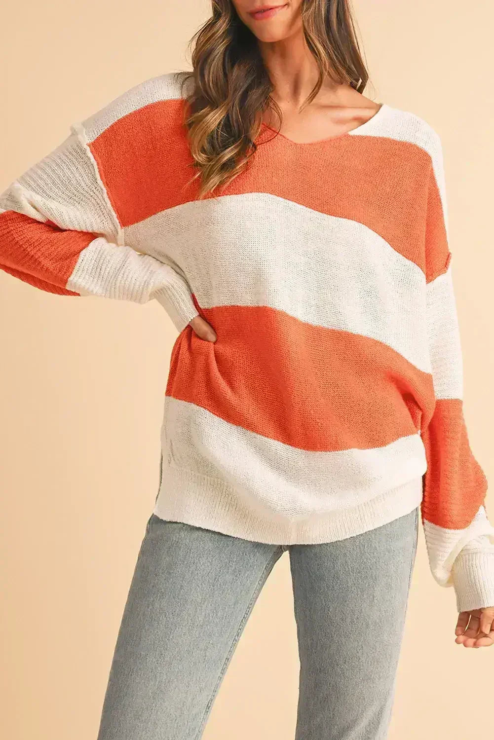 Orange Colorblock V Neck Side Slits Sweater - Femstylo