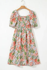 Apricot Pink Floral Knot Front Smocked Bubble Sleeve Dress - Femstylo