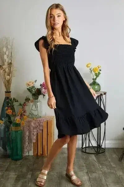 ADORA Smocked Square Neck Ruffled Cap Sleeve Dress - Femstylo