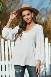 Lace V Neck Balloon Sleeves Top - Femstylo