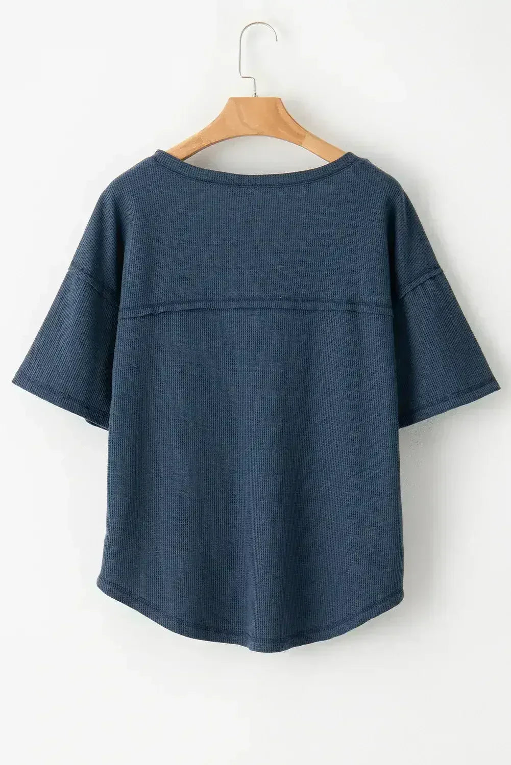 Blue Exposed Seam Drop Sleeve V Neck Waffle Textured Top - Femstylo