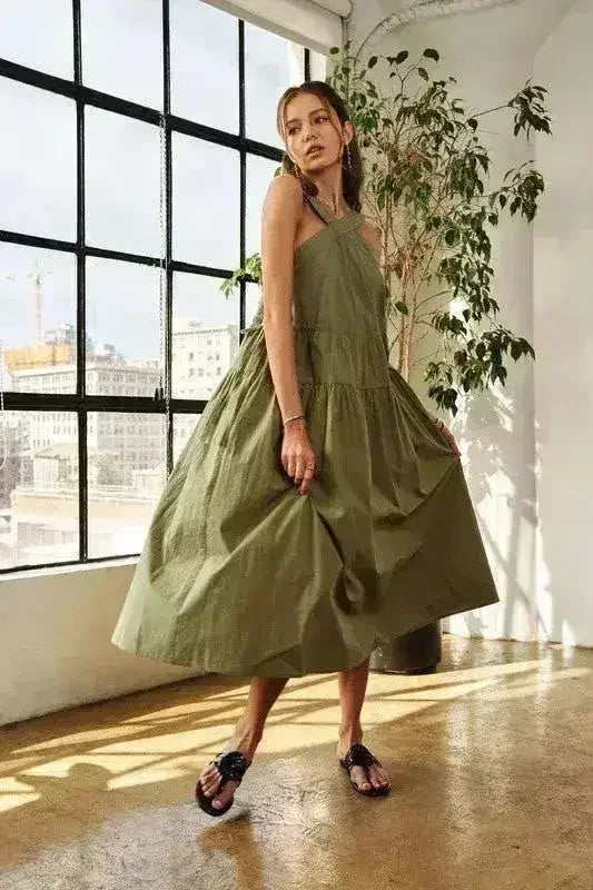 ADORA Crisscross Wide Strap Drawstring Detail Midi Dress - Femstylo