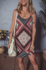 Red Geometric Paisley Print Sleeveless Mini Dress - Femstylo