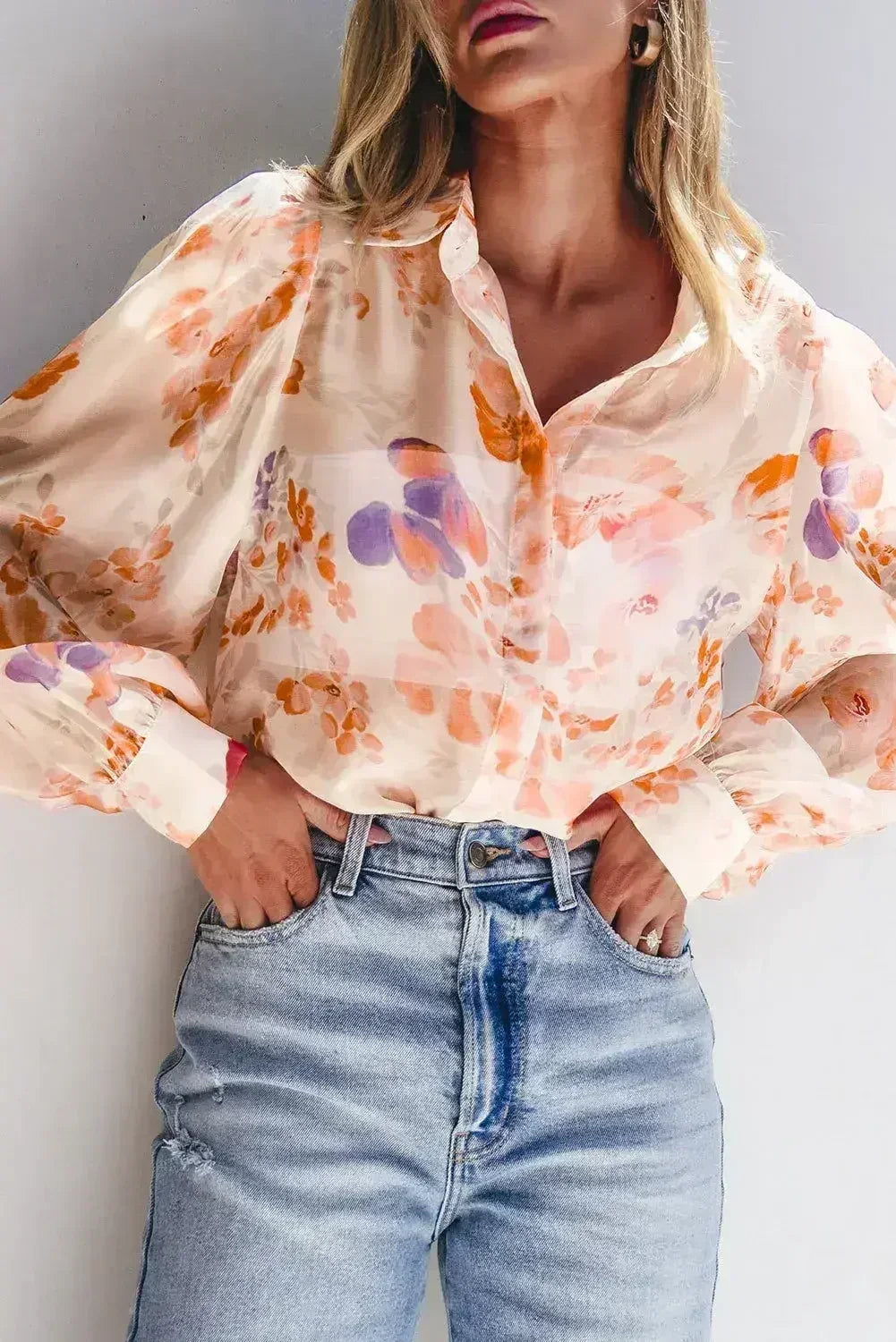 White Balloon Sleeve Floral Shirt - Loose Fit Blouse | Femstylo - Femstylo