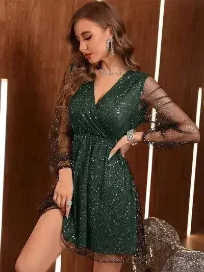 Glitter Surplice Long Sleeve Mini Dress - Femstylo