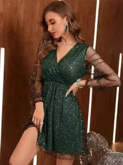 Glitter Surplice Long Sleeve Mini Dress - Femstylo
