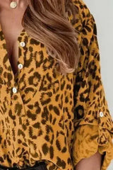 Leopard Button Detail Notched Long Sleeve Blouse | Femstylo - Femstylo