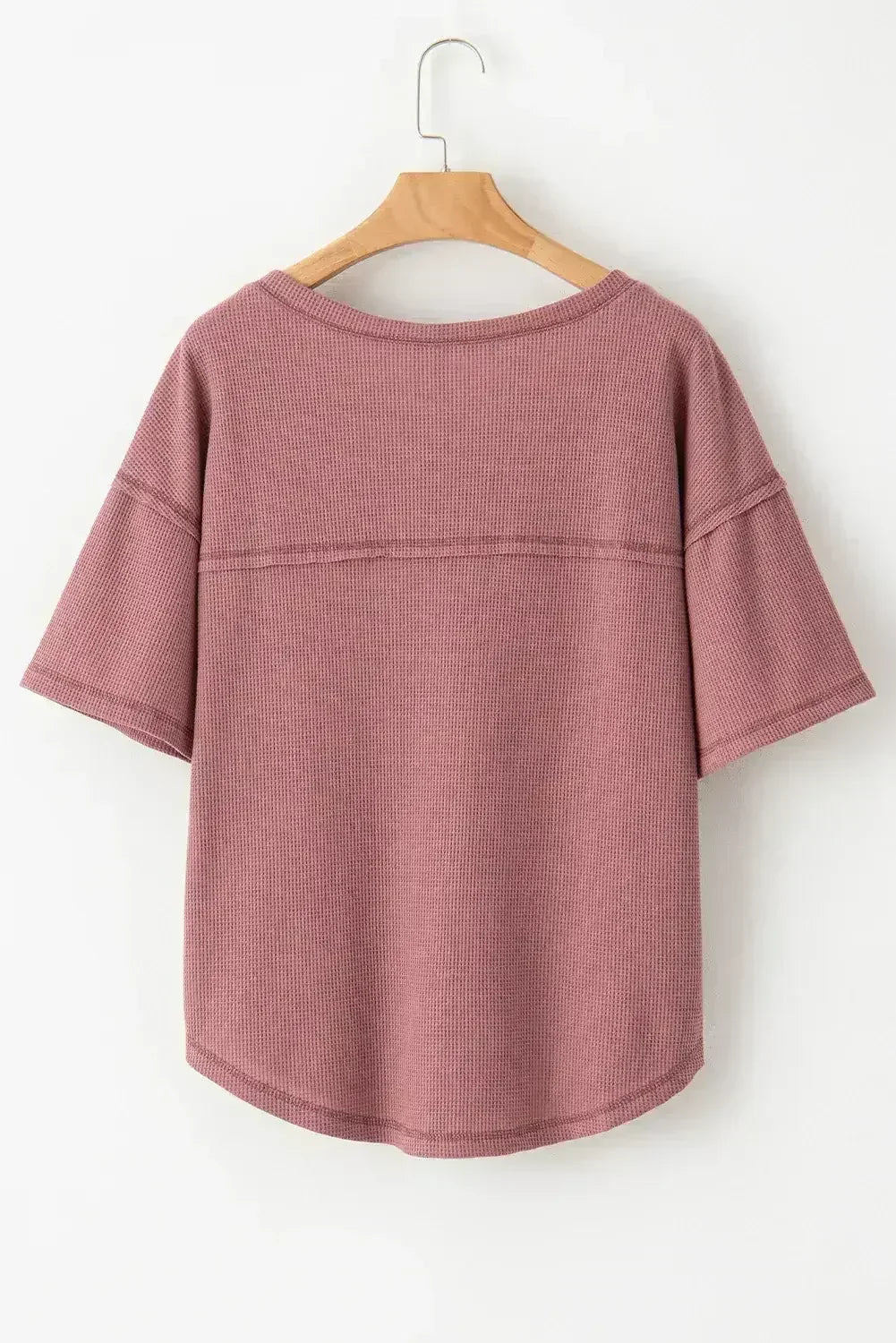 Blue Exposed Seam Drop Sleeve V Neck Waffle Textured Top - Femstylo