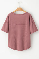 Blue Exposed Seam Drop Sleeve V Neck Waffle Textured Top