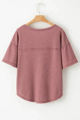 Blue Exposed Seam Drop Sleeve V Neck Waffle Textured Top - Femstylo