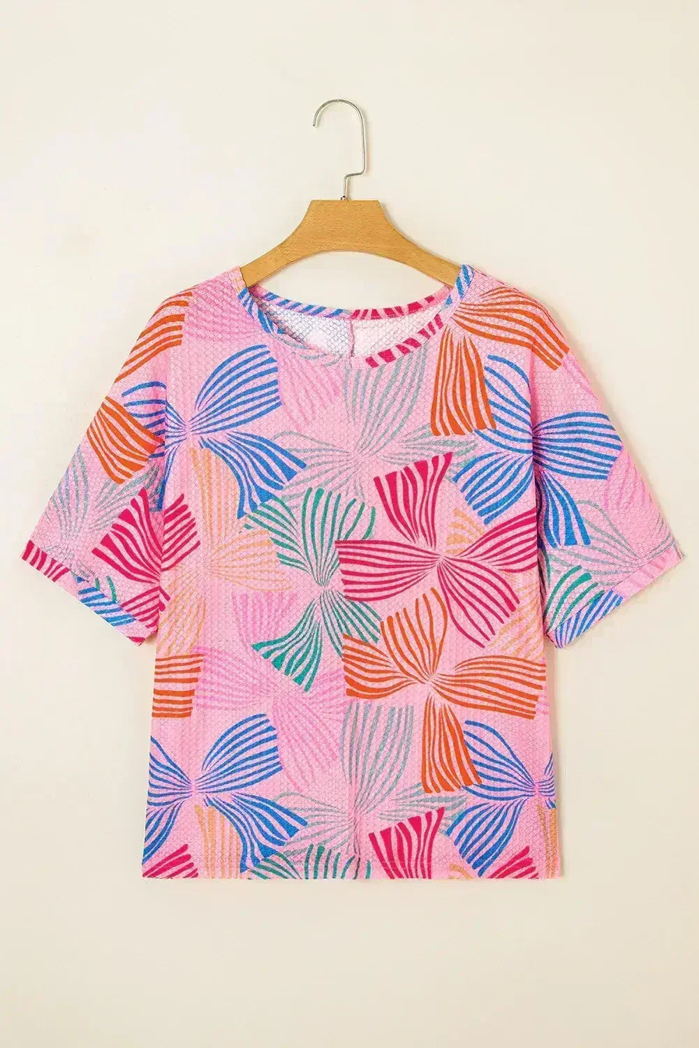 Sky Blue Bowknot Print Waffle Loose Tee - Femstylo