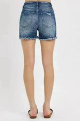 Distressed Denim Shorts - Raw Hem Stretch Cotton Shorts - Femstylo