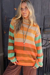 Orange Striped Colorblock High Neck Drop Shoulder Cozy Sweater