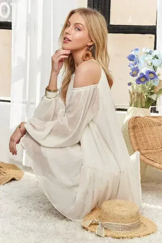 ADORA Cold Shoulder Balloon Sleeve Mini Dress - Femstylo