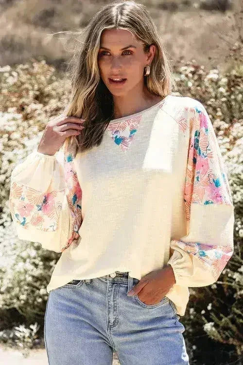 Floral Patchwork Blouse - Balloon Sleeve Top | Femstylo - Femstylo