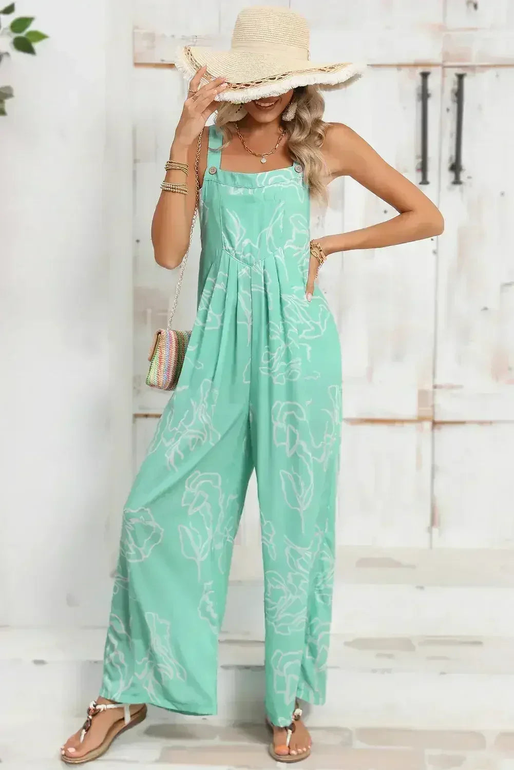 Moonlight Jade Abstract Print Wide Leg Bib Overall - Femstylo