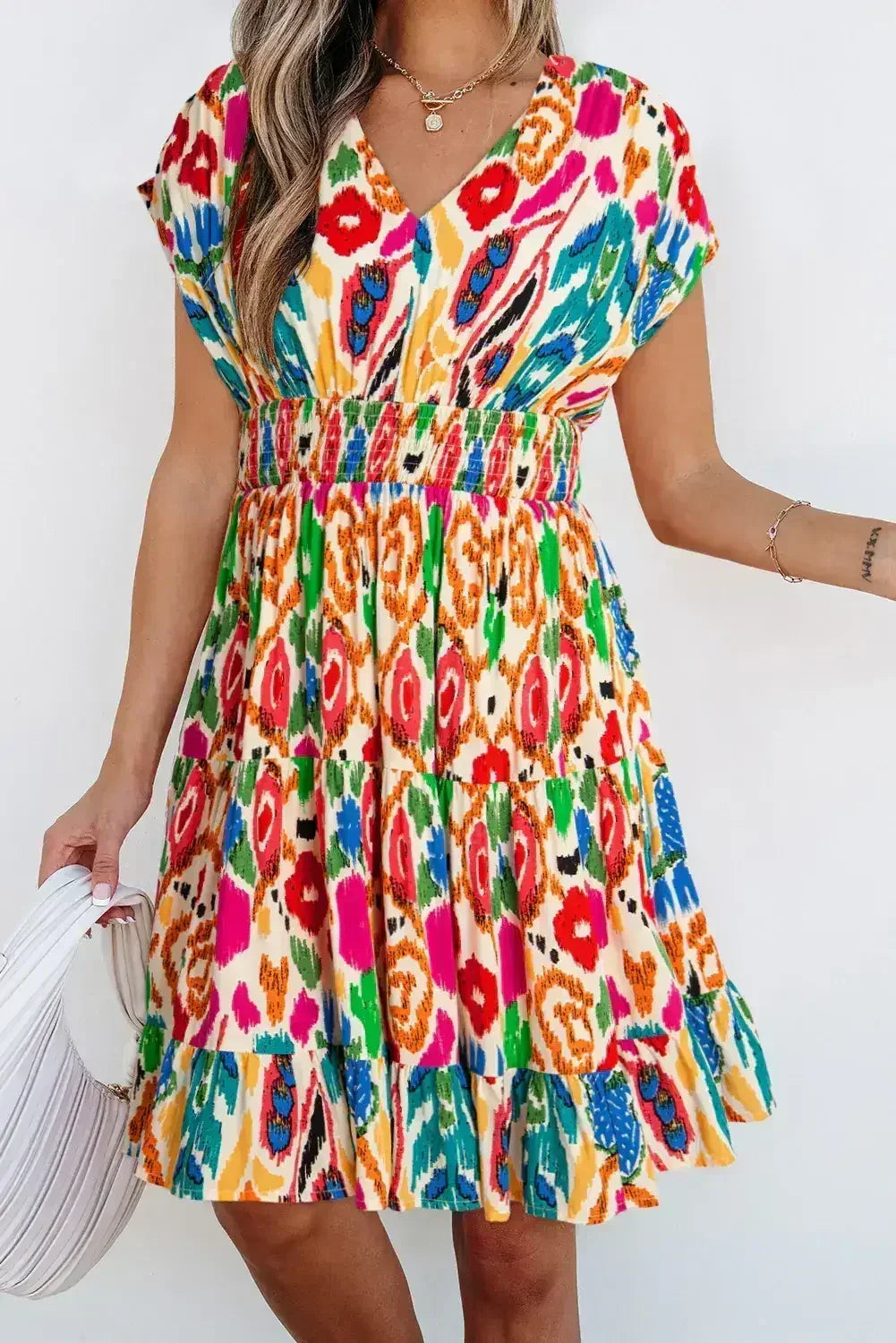 Sky Blue Abstract Print V Neck Dolman Sleeve Ruffle Tiered Mini Dress - Femstylo