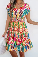 Sky Blue Abstract Print V Neck Dolman Sleeve Ruffle Tiered Mini Dress - Femstylo