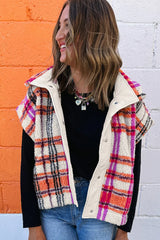 Rose Sherpa Plaid Jacket Vest | Polyester Collared Vest - Femstylo