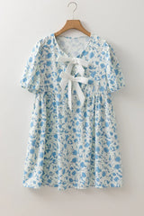Sky Blue Floral Bow Front Puff Sleeve Mini Dress