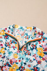 Peacock Blue Floral Print Boho Pop of Color Neckline Blouse