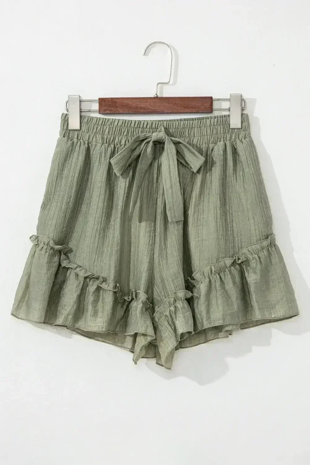 Laurel Green Textured Tie Waist Ruffle Hem Shorts - Femstylo