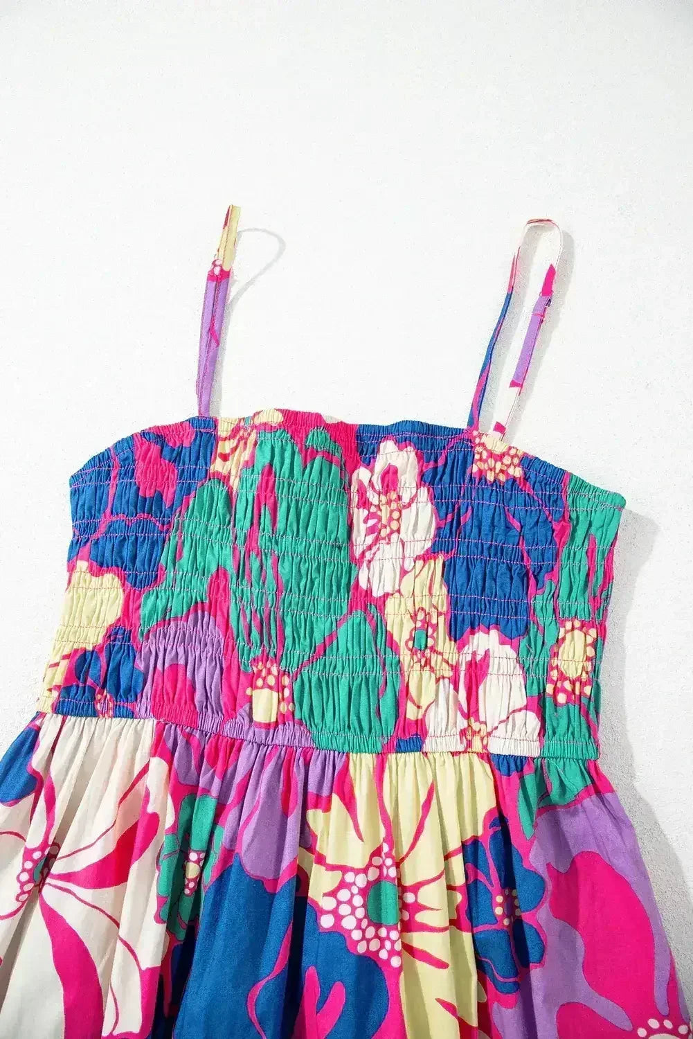 Purple Floral Print Shirred Spaghetti Strap Loose Maxi Dress - Femstylo