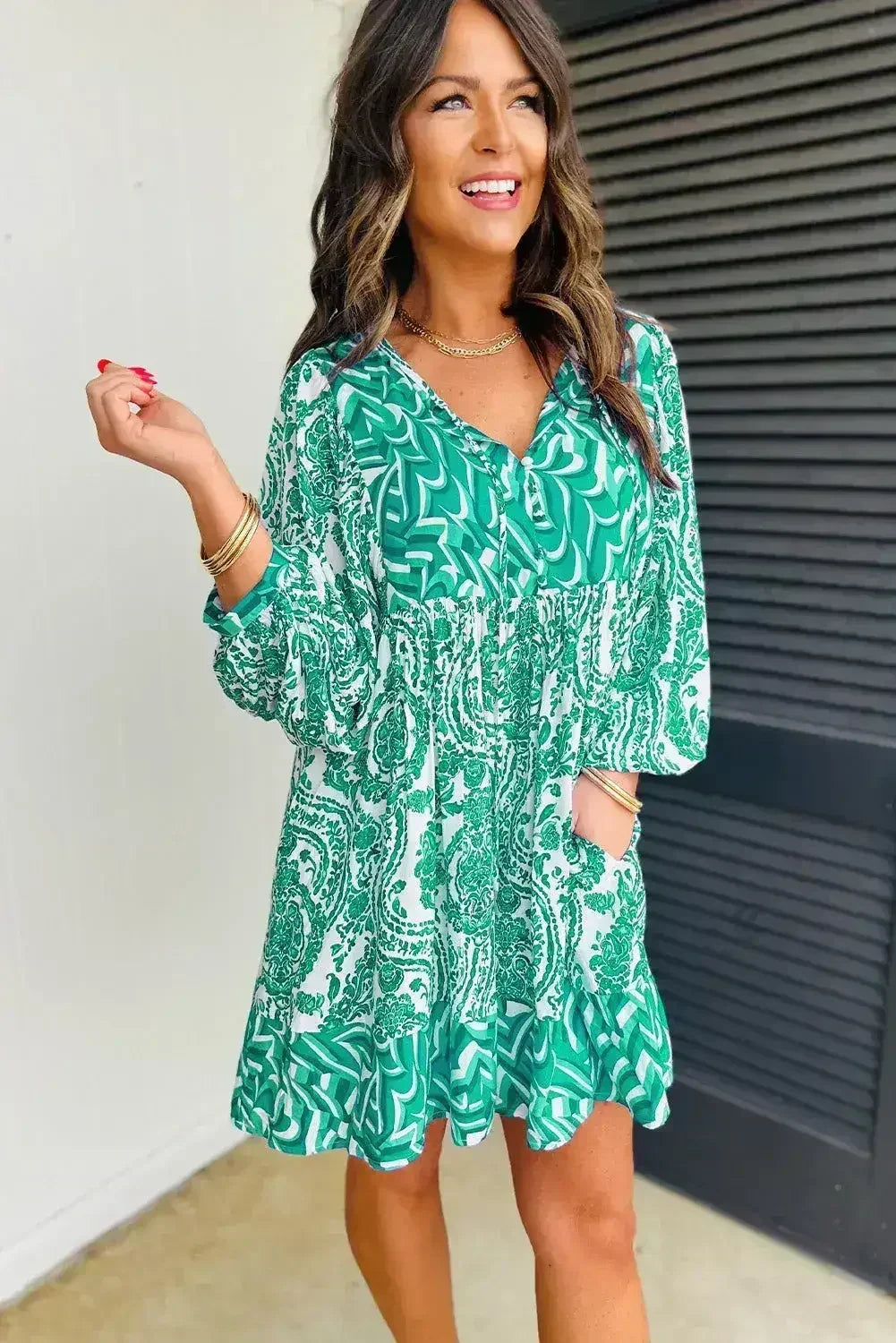 Green Bohemian Print Puff Sleeve Tied V Neck Flared Mini Dress - Femstylo