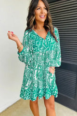 Green Bohemian Print Puff Sleeve Tied V Neck Flared Mini Dress - Femstylo