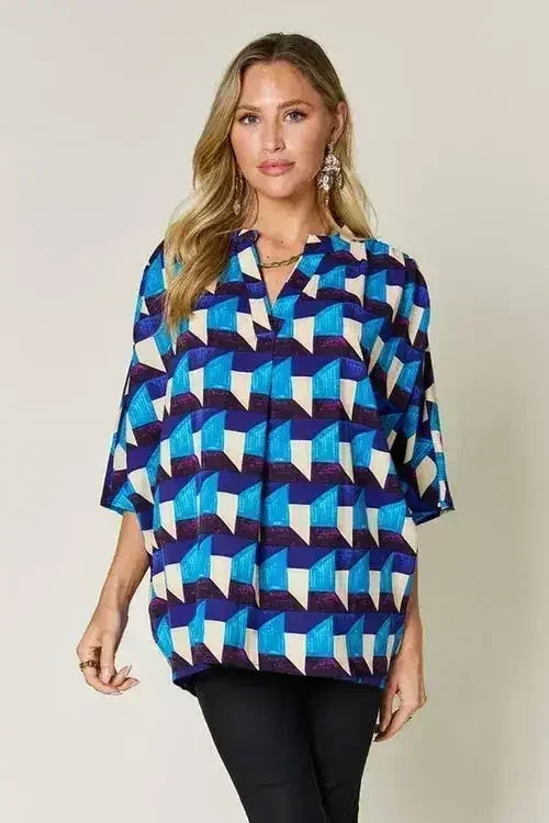 Geometric Notched Sleeve Blouse - Versatile Top | Femstylo - Femstylo