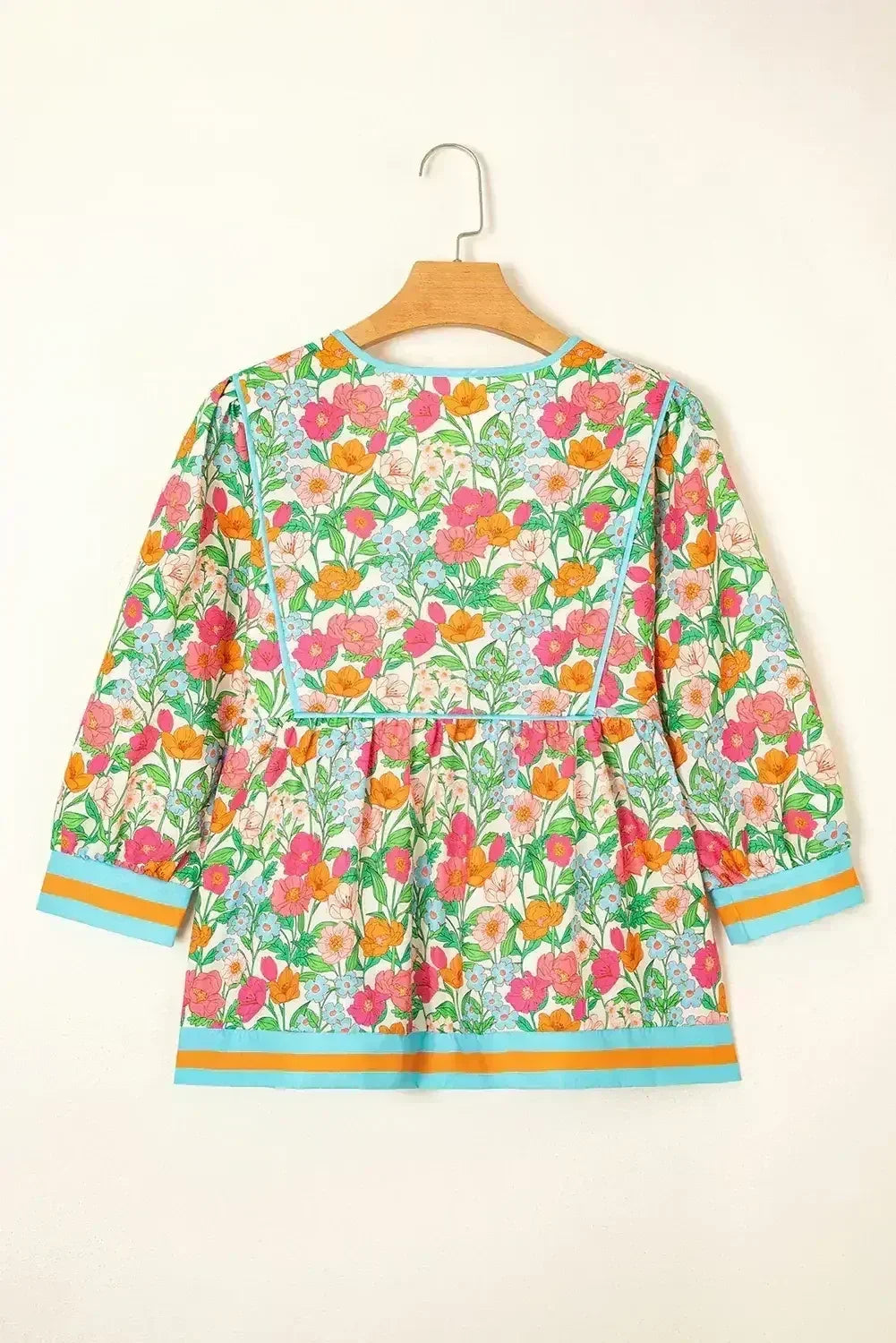 Green Floral Print Striped Trim Puff Sleeve Babydoll Blouse - Femstylo