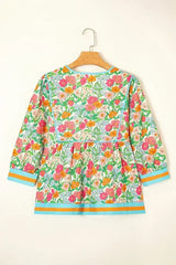 Green Floral Print Striped Trim Puff Sleeve Babydoll Blouse - Femstylo