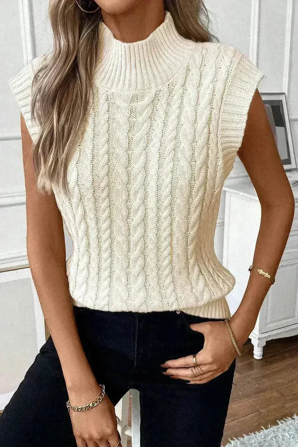 Cable Knit Sweater Vest – High Neck & Textured Oatmeal - Femstylo
