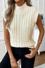 Cable Knit Sweater Vest – High Neck & Textured Oatmeal - Femstylo