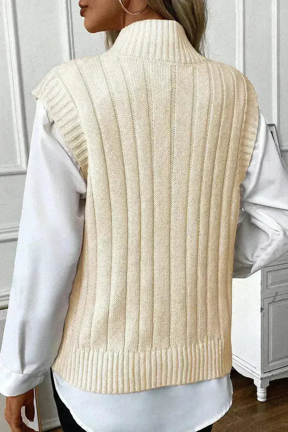 Cable Knit Sweater Vest – High Neck & Textured Oatmeal - Femstylo