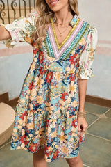 Multicolor Allover Floral Print Tiered Pop of Color Neckline Dress - Femstylo