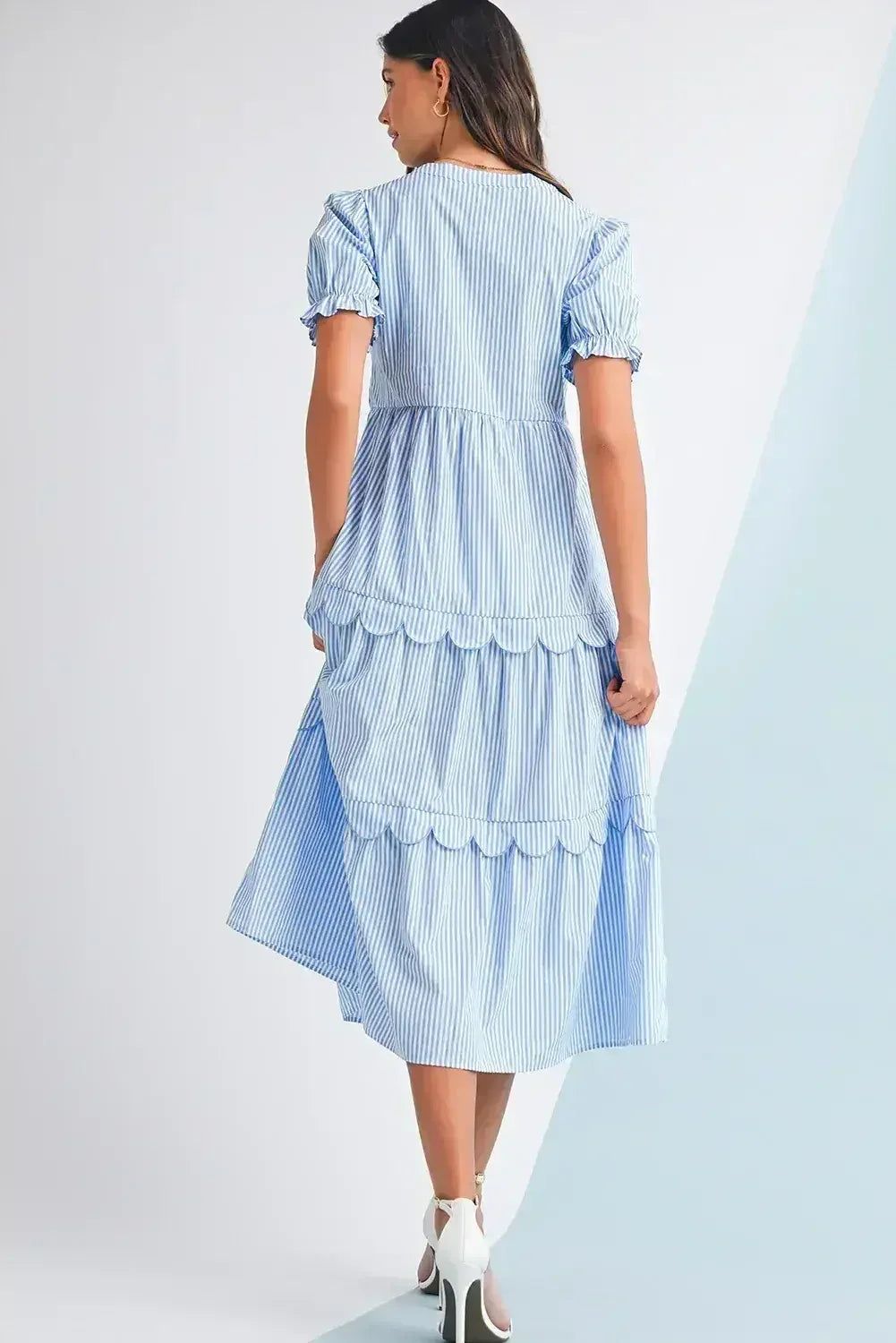 Sky Blue Stripe Bubble Sleeve Scallop Tiered Dress - Femstylo