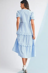 Sky Blue Stripe Bubble Sleeve Scallop Tiered Dress - Femstylo