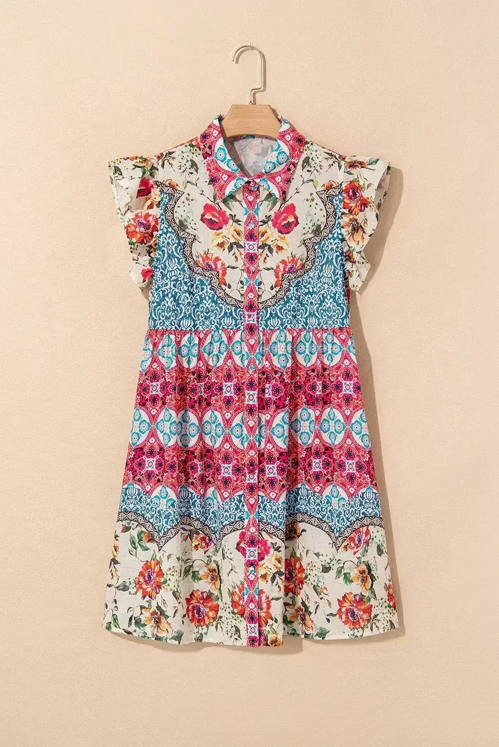 Rose Floral Ethnic Print Ruffle Mini Dress - Femstylo