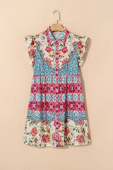 Rose Floral Ethnic Print Ruffle Mini Dress - Femstylo