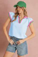 Beau Blue Color Collared V Neck Ruffle Sleeve Blouse | Femstylo - Femstylo