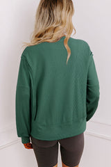 Evergreen Solid Color Raw Seam Patchwork Ribbed Drop Shoulder Sweatshirt