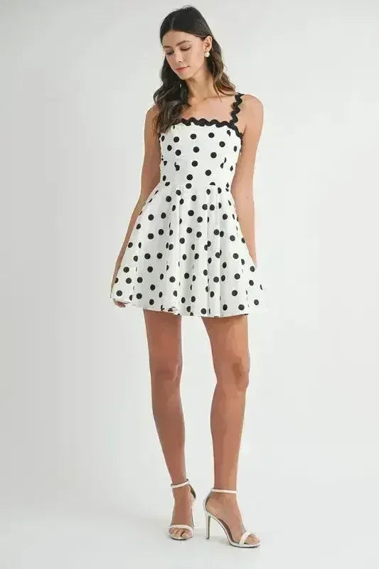 Polka Dot Mini Dress – Ricrac Trim Strap & Smocked Back - Femstylo