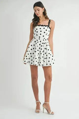 Polka Dot Mini Dress – Ricrac Trim Strap & Smocked Back - Femstylo