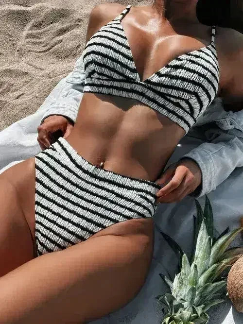 Striped V-Neck Two-Piece Swim Set - Femstylo
