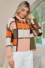 Orange Color Block Waffle Knit Drawstring Mock Neck Sweater - Femstylo